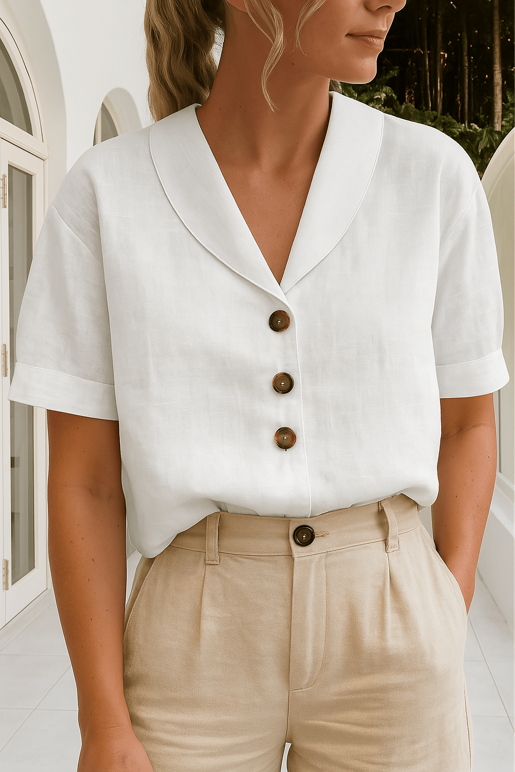 Skye V-Neck Button Down Blouse with Revere Collar - Crisp White