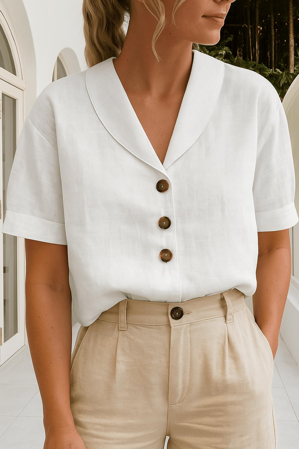 Skye V-Neck Button Down Blouse with Revere Collar - Crisp White