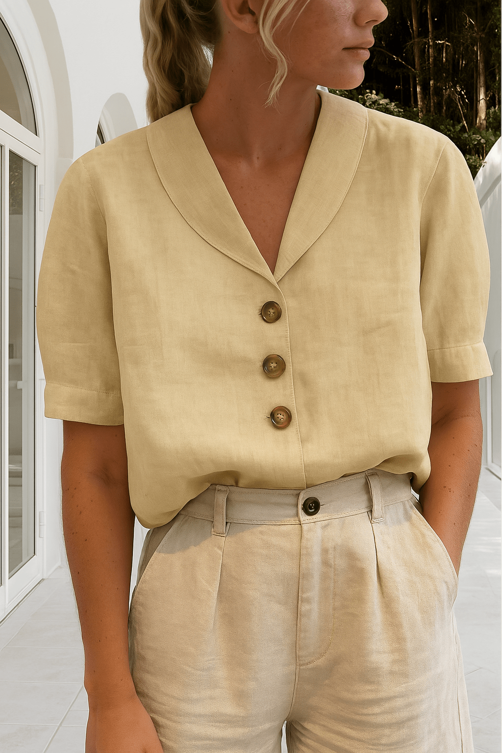Skye V-Neck Button Down Blouse with Revere Collar - Pale Yellow