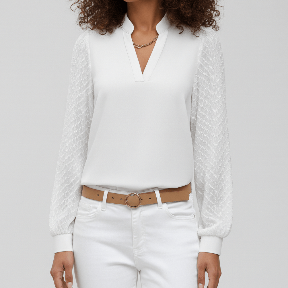 Susan Textured Sleeve V-Neck Blouse for Women - Classic White
