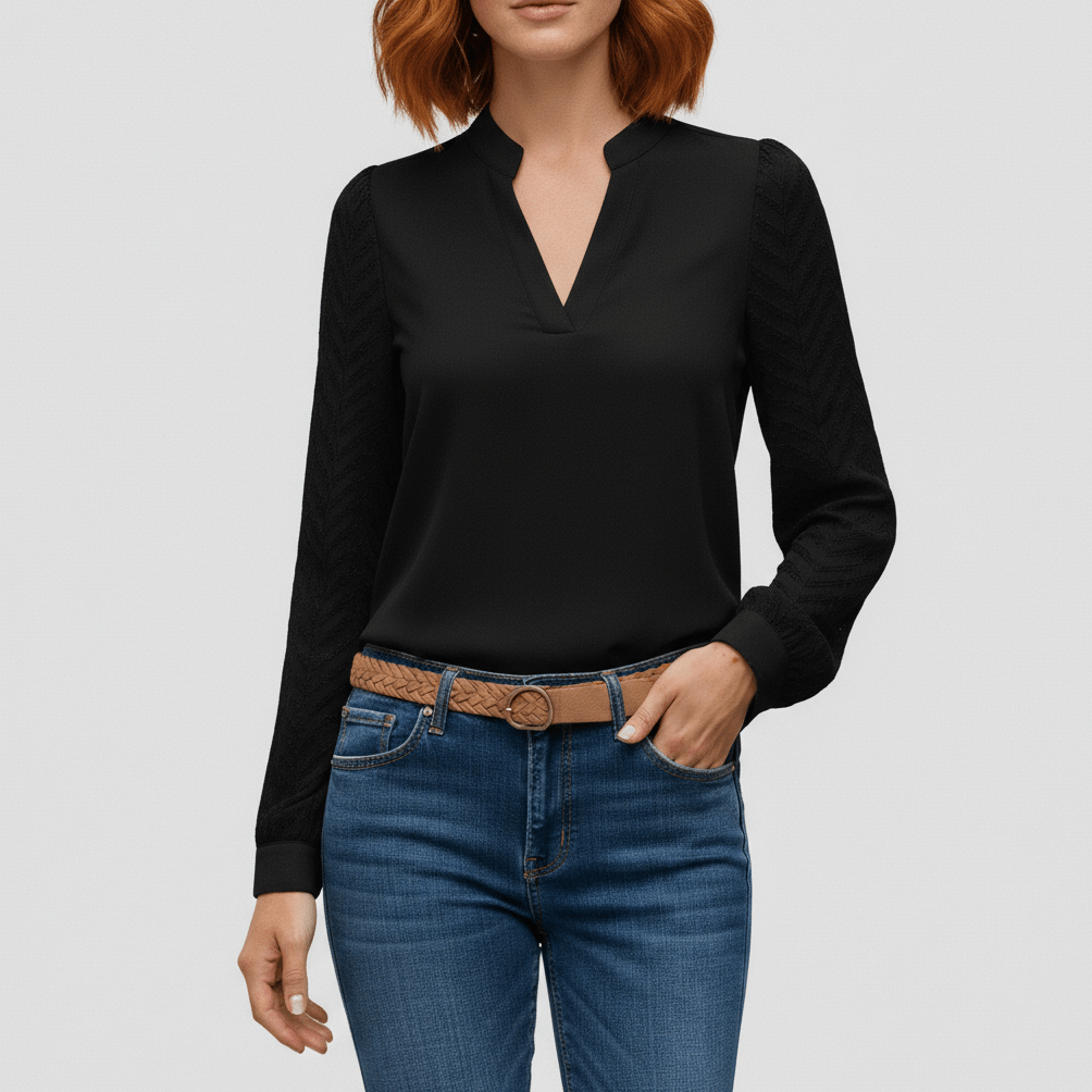 Susan Textured Sleeve V-Neck Blouse for Women - Midnight Black