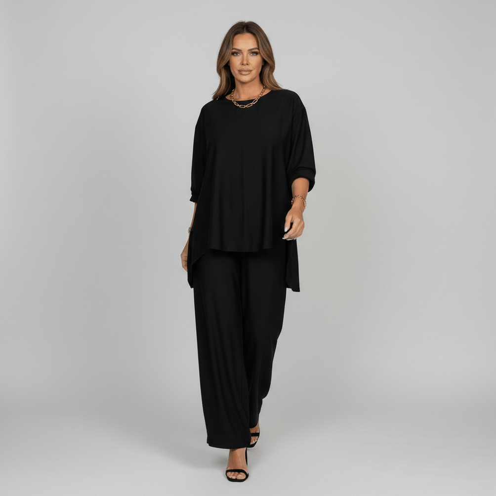 Susannah Two Piece Set Loose Top and Wide Leg Pants - Midnight Black