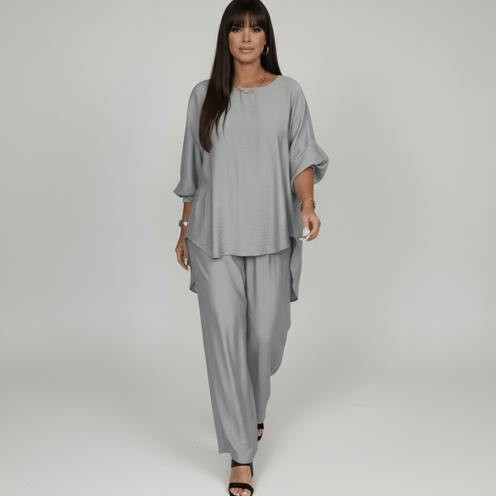 Susannah Two Piece Set Loose Top and Wide Leg Pants - Slate Gray