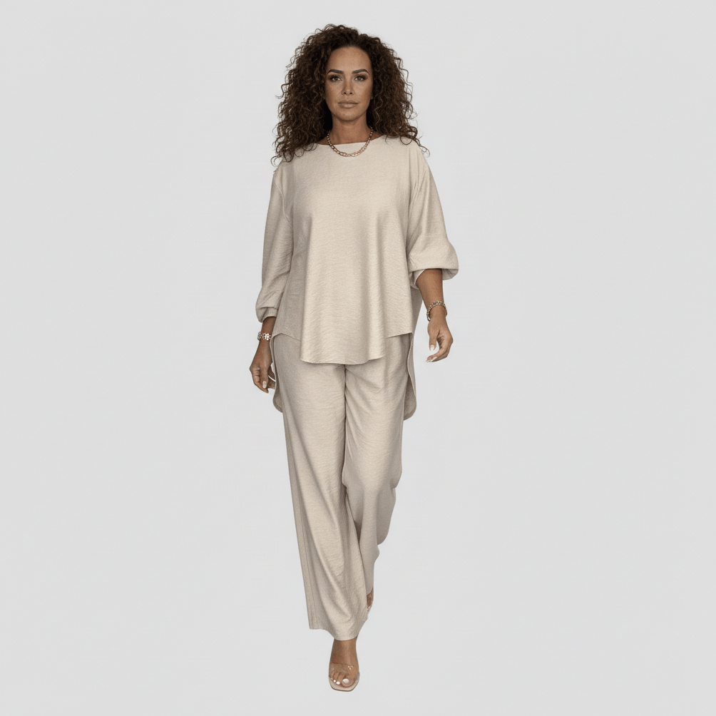Susannah Two Piece Set Loose Top and Wide Leg Pants - Creamy Beige
