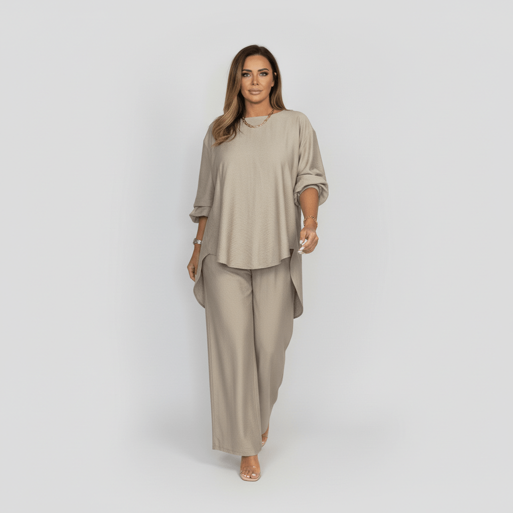 Susannah Two Piece Set Loose Top and Wide Leg Pants - Khaki Beige