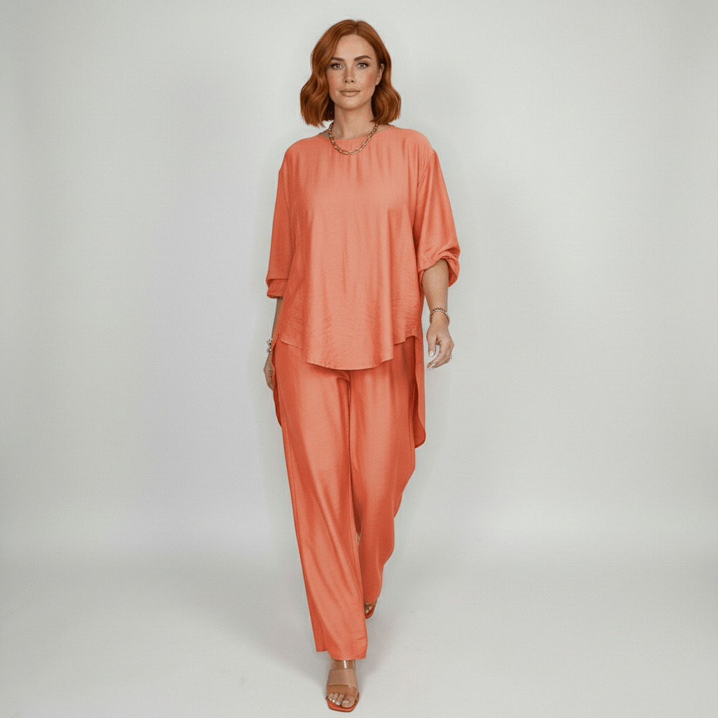 Susannah Two Piece Set Loose Top and Wide Leg Pants - Coral Orange