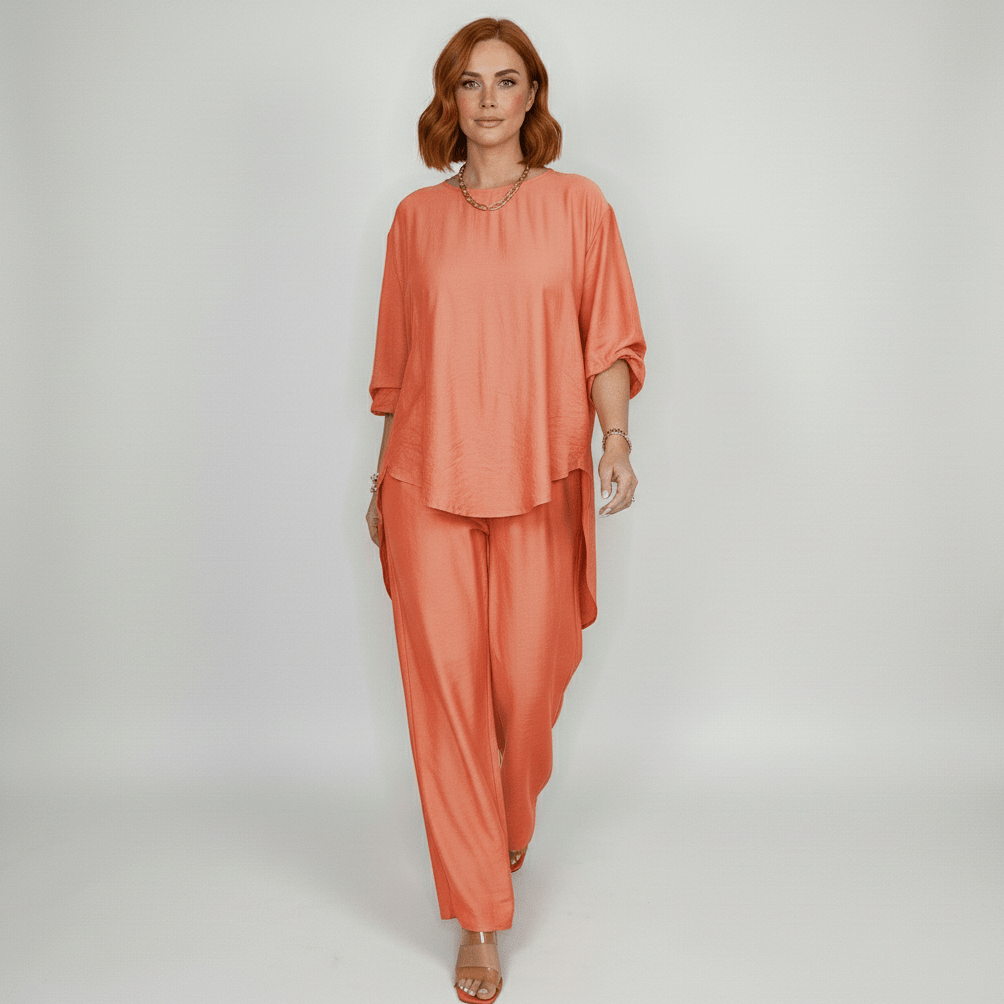 Susannah Two Piece Set Loose Top and Wide Leg Pants - Coral Orange