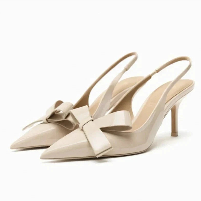 Susie Patent Bow Detail Slingback Heels with Pointed Toe - Cream Beige
