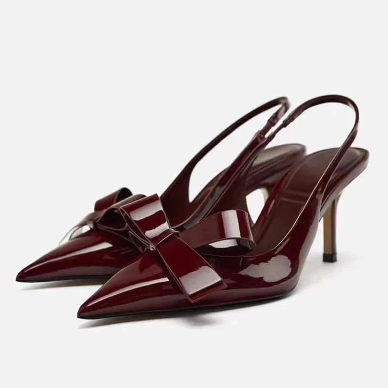 Susie Patent Bow Detail Slingback Heels with Pointed Toe - Wine Red