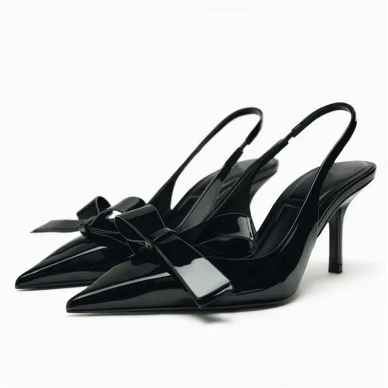 Susie Patent Bow Detail Slingback Heels with Pointed Toe - Jet Black