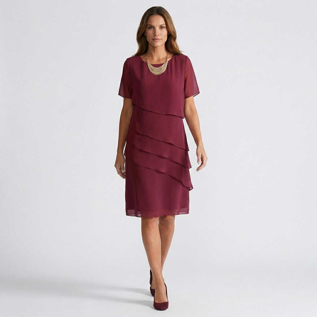 Willa Chiffon Short Sleeve Cocktail Dress with Layered Ruffle Design