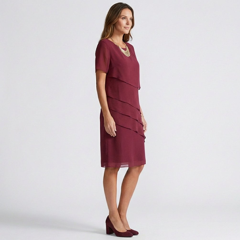Willa Chiffon Short Sleeve Cocktail Dress with Layered Ruffle Design