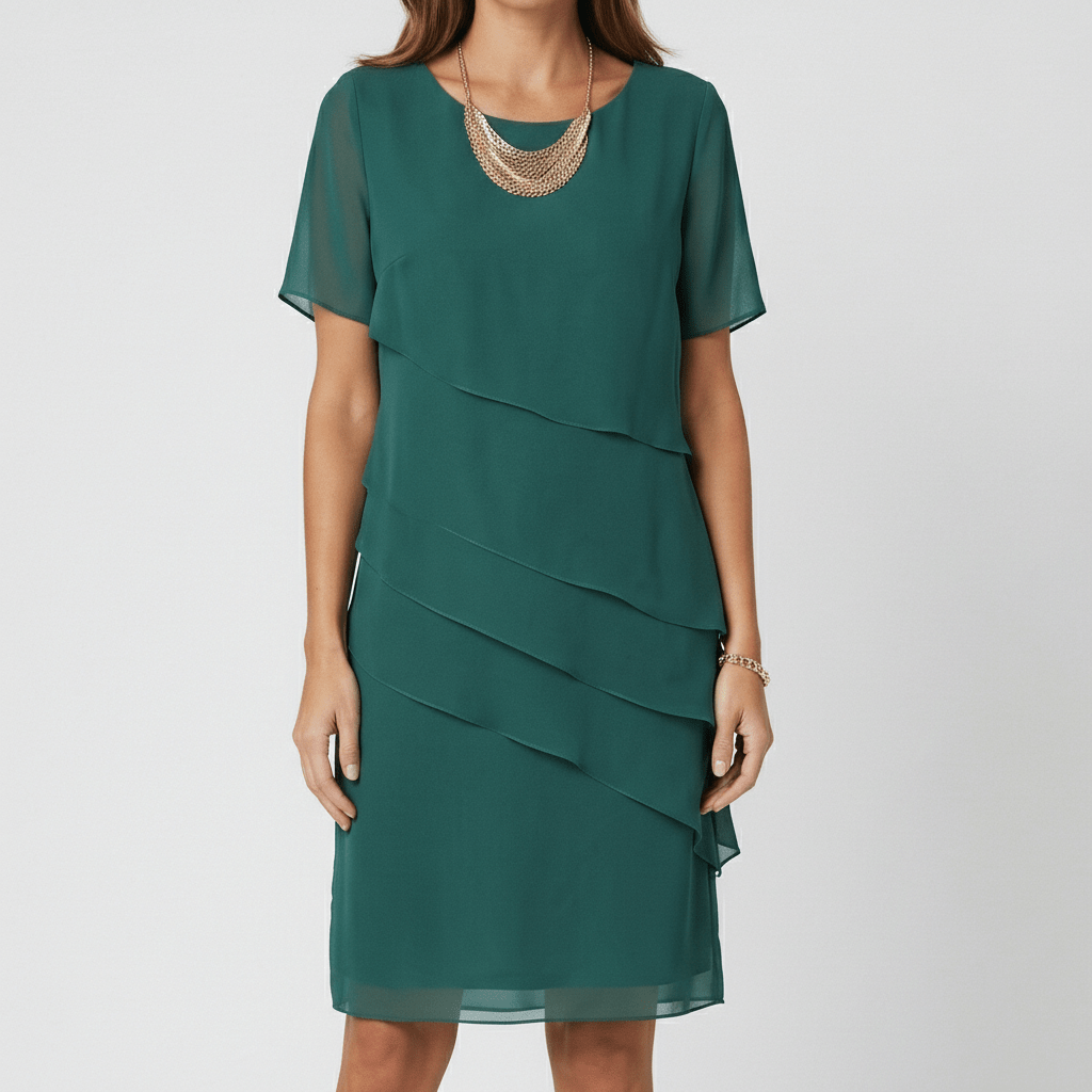 Willa Chiffon Short Sleeve Cocktail Dress with Layered Ruffle Design - Forest Green