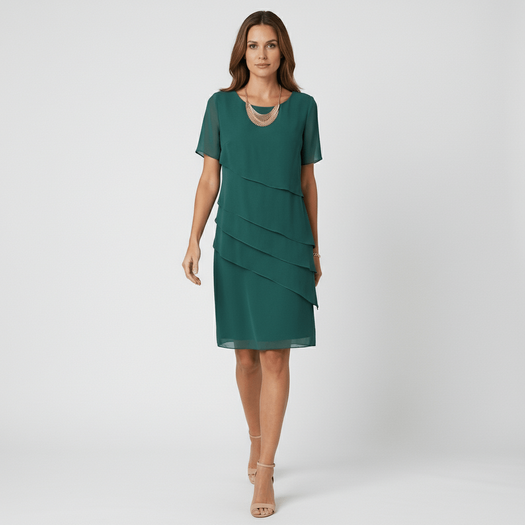 Willa Chiffon Short Sleeve Cocktail Dress with Layered Ruffle Design