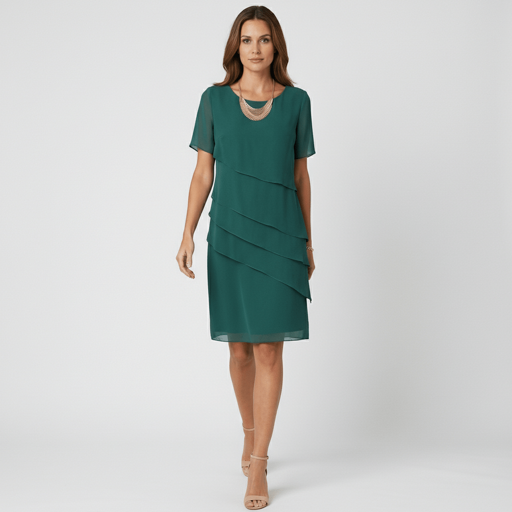 Willa Chiffon Short Sleeve Cocktail Dress with Layered Ruffle Design