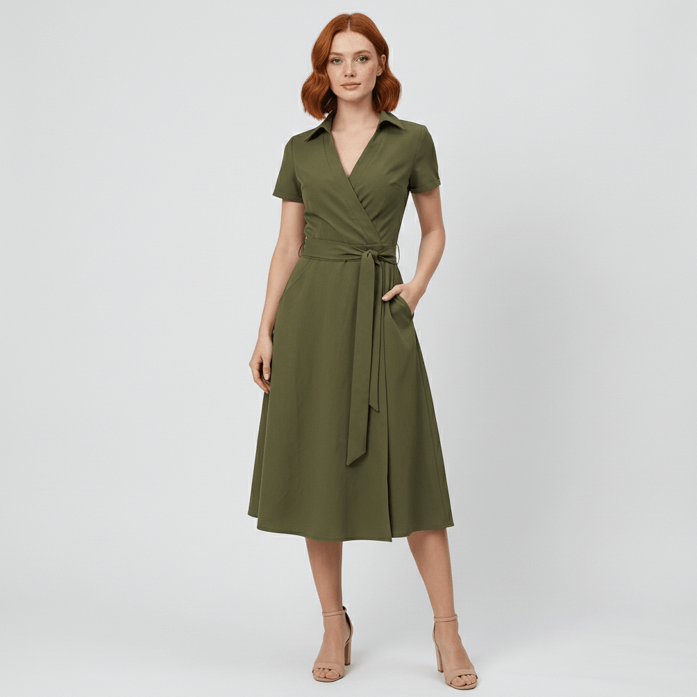 Ada V-Neck Midi Dress with Short Sleeves and Waist Tie - Olive Green