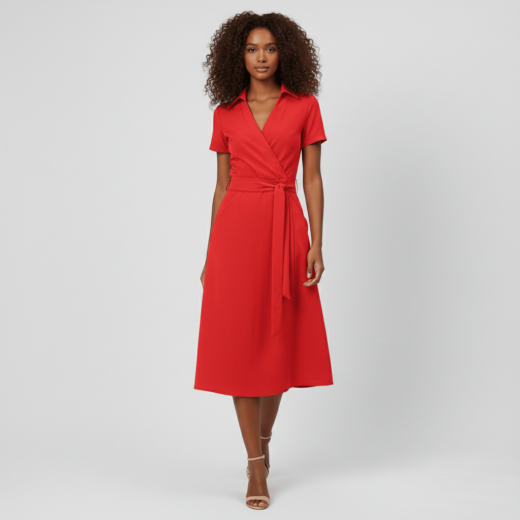 Ada V-Neck Midi Dress with Short Sleeves and Waist Tie - Classic Red