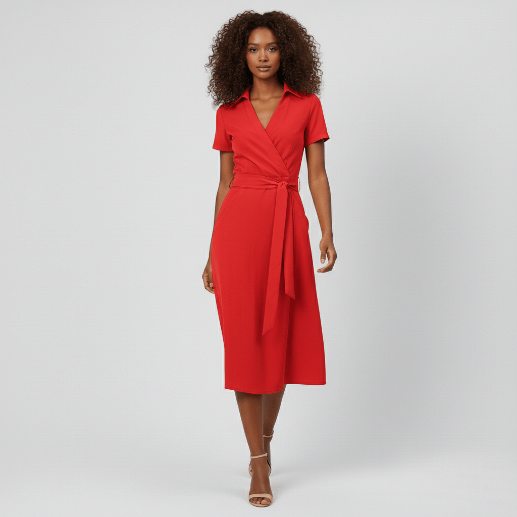Ada V-Neck Midi Dress with Short Sleeves and Waist Tie