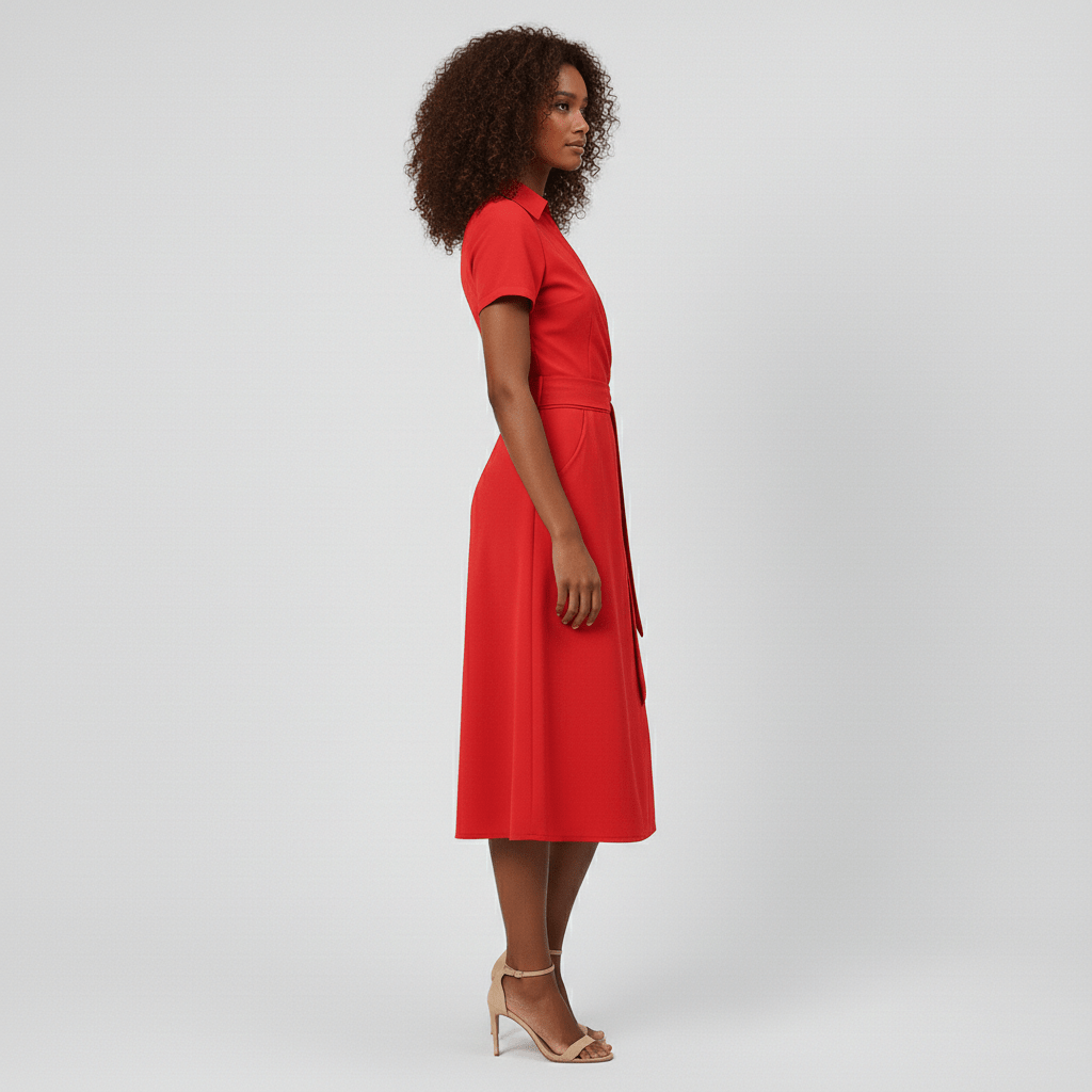 Ada V-Neck Midi Dress with Short Sleeves and Waist Tie