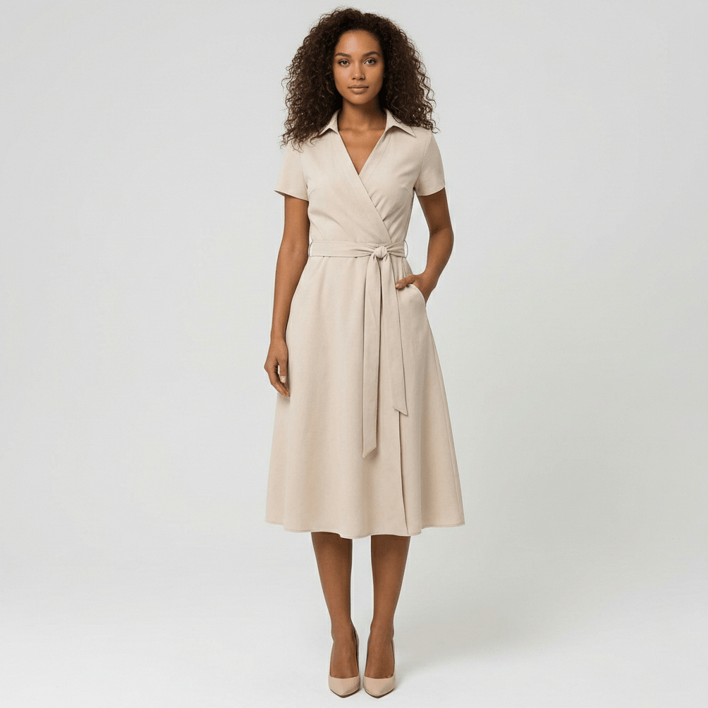 Ada V-Neck Midi Dress with Short Sleeves and Waist Tie - Pale Beige