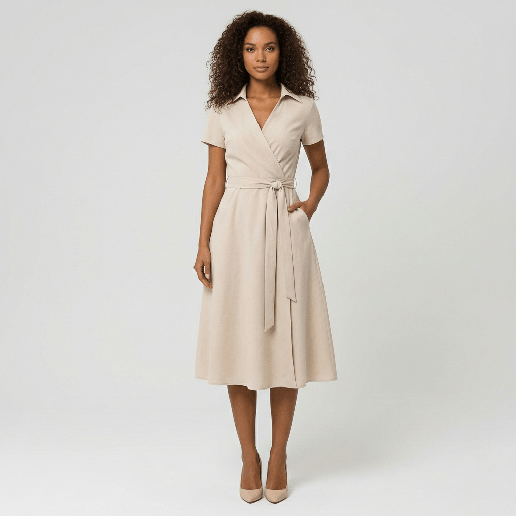 Ada V-Neck Midi Dress with Short Sleeves and Waist Tie - Pale Beige