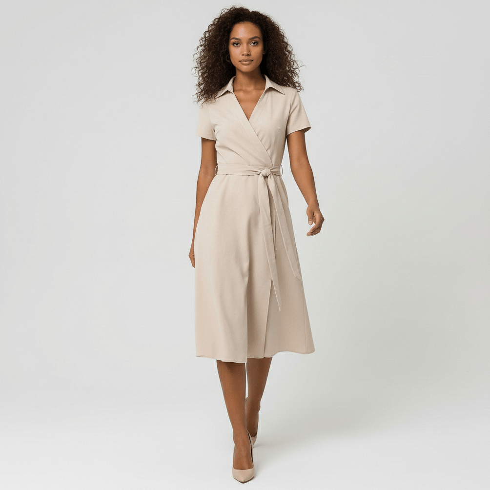 Ada V-Neck Midi Dress with Short Sleeves and Waist Tie