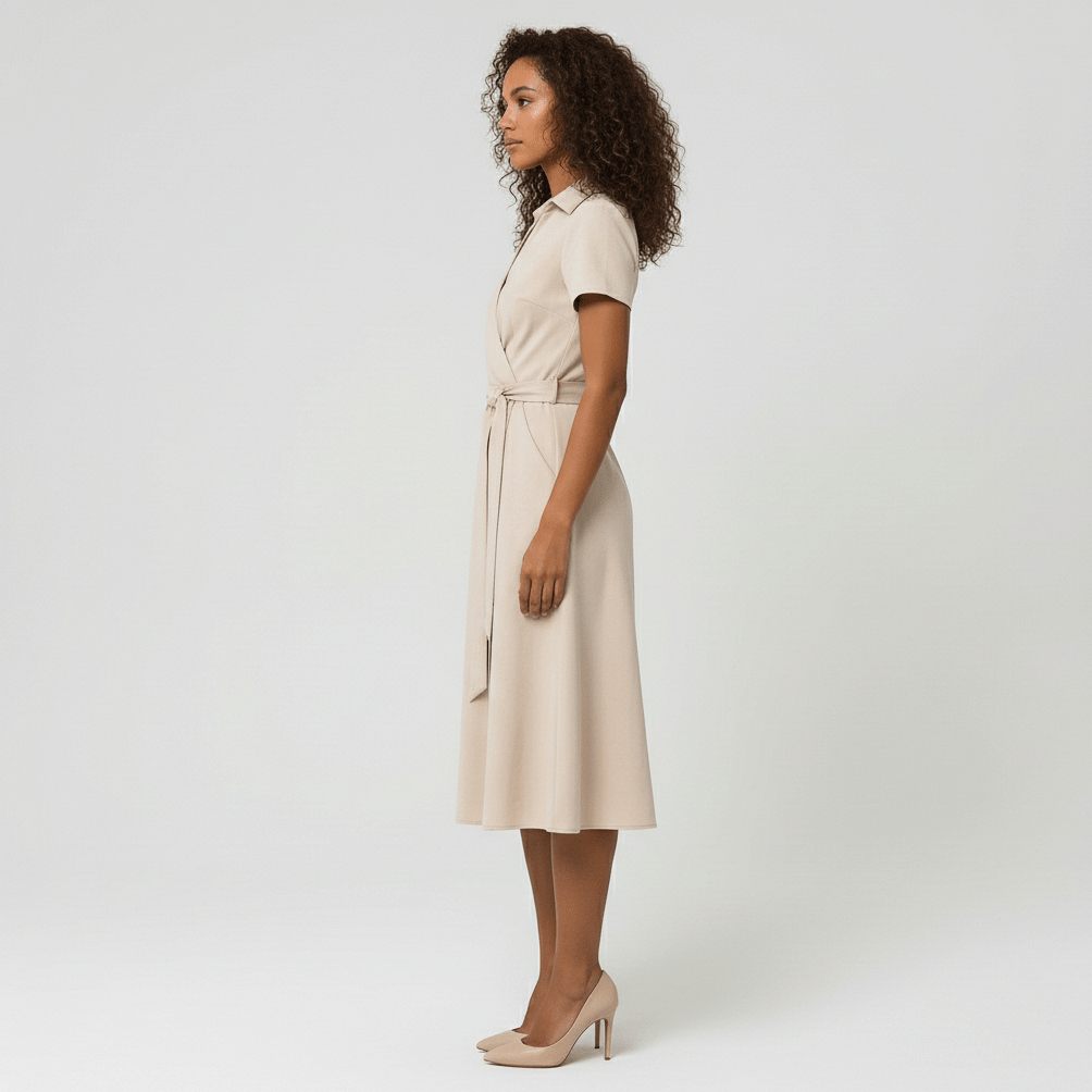 Ada V-Neck Midi Dress with Short Sleeves and Waist Tie