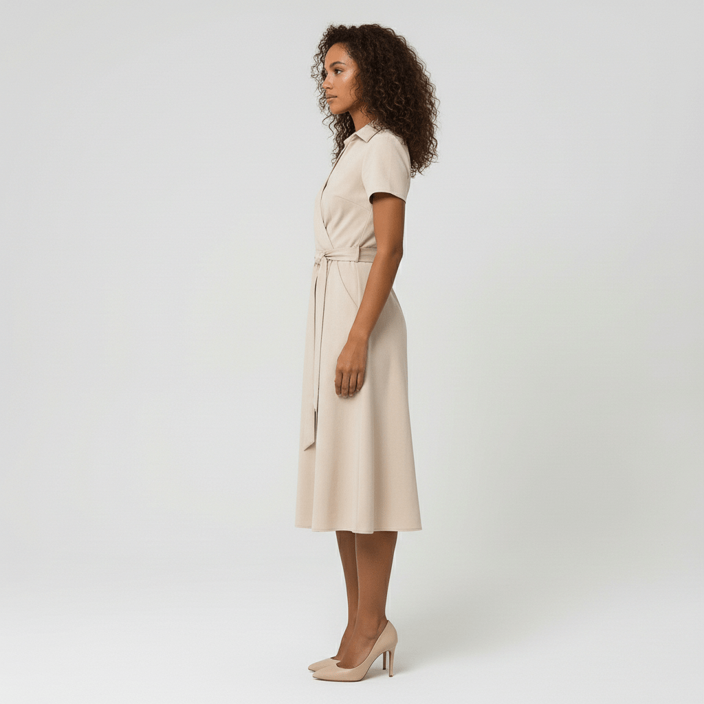 Ada V-Neck Midi Dress with Short Sleeves and Waist Tie
