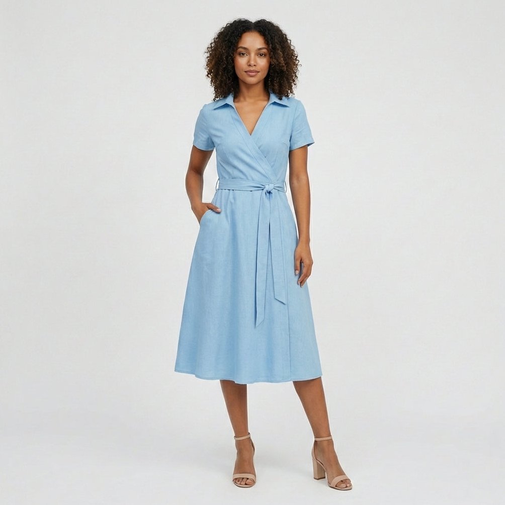 Ada V-Neck Midi Dress with Short Sleeves and Waist Tie - Sky Blue