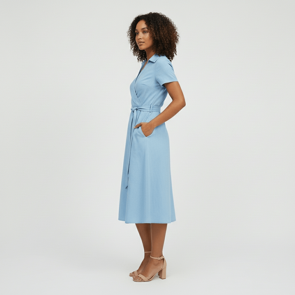 Ada V-Neck Midi Dress with Short Sleeves and Waist Tie