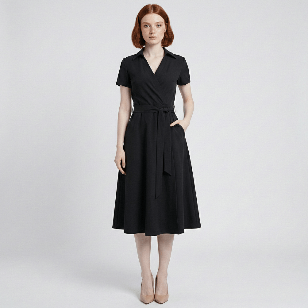 Ada V-Neck Midi Dress with Short Sleeves and Waist Tie - Deep Black