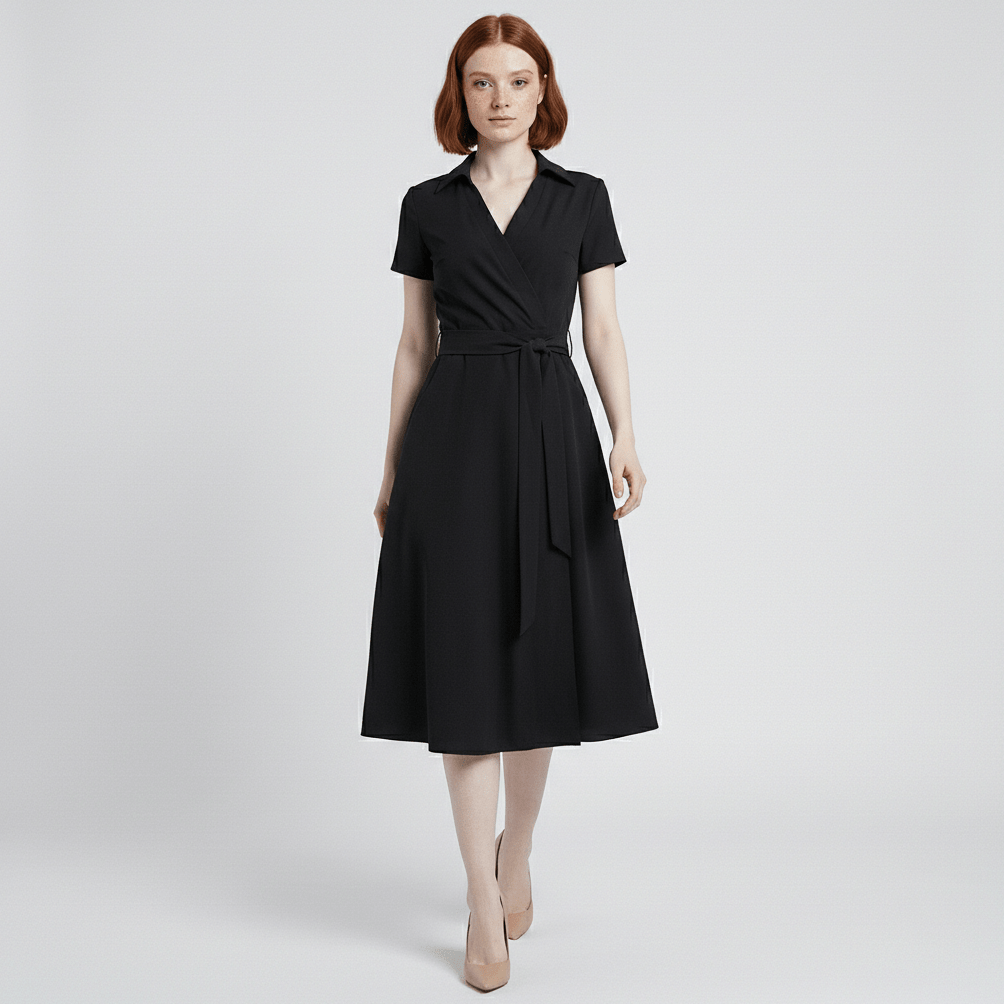 Ada V-Neck Midi Dress with Short Sleeves and Waist Tie