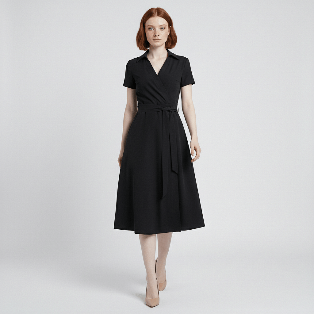 Ada V-Neck Midi Dress with Short Sleeves and Waist Tie