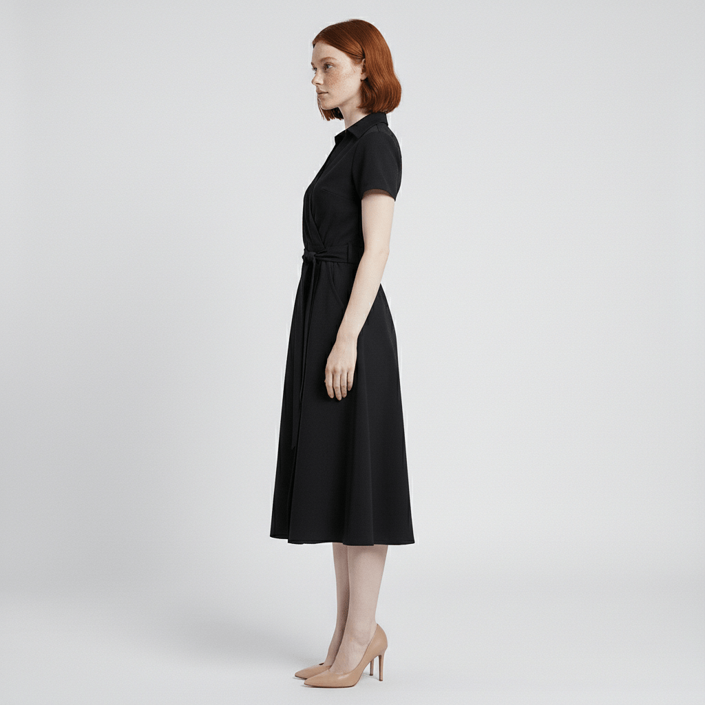 Ada V-Neck Midi Dress with Short Sleeves and Waist Tie