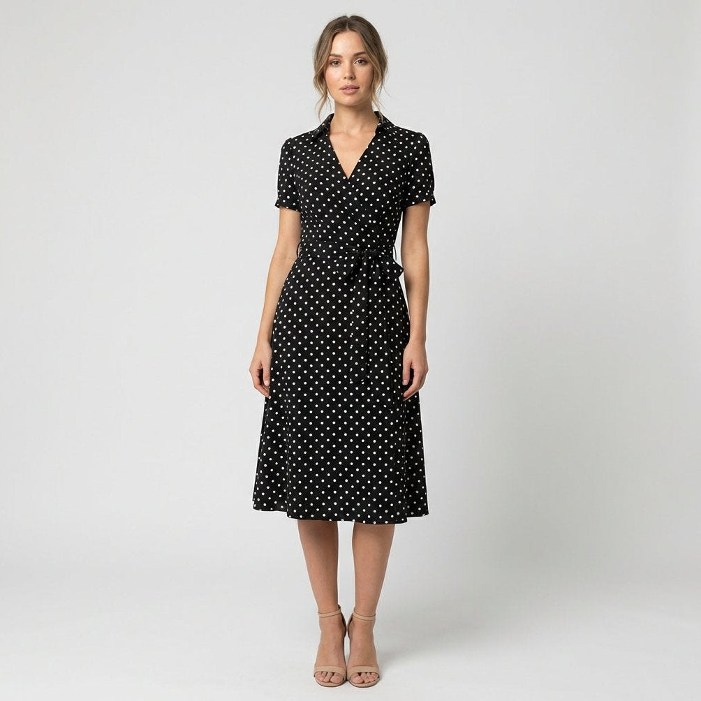 Ada V-Neck Midi Dress with Short Sleeves and Waist Tie - Spotty Multicolor