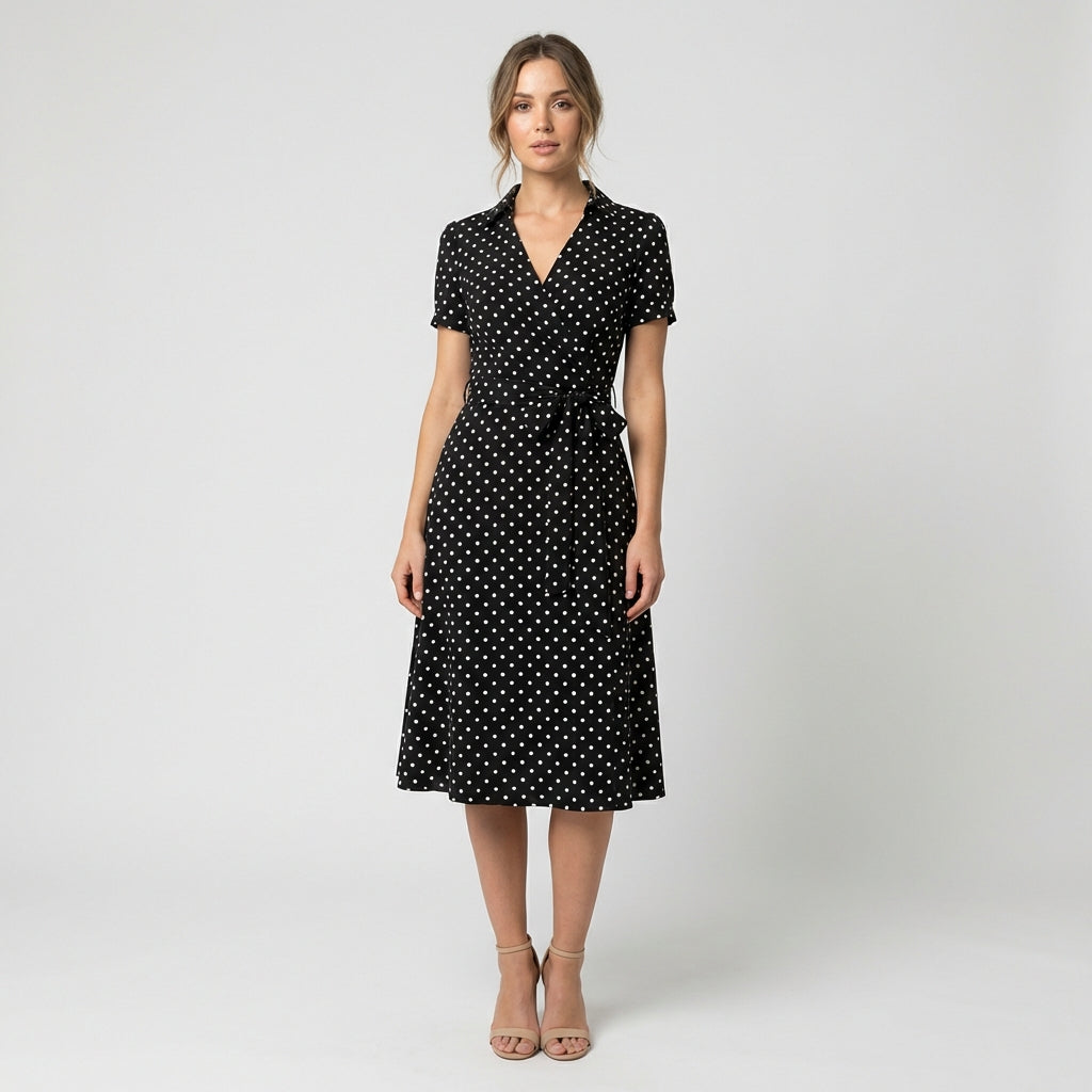 Ada V-Neck Midi Dress with Short Sleeves and Waist Tie - Spotty Multicolor