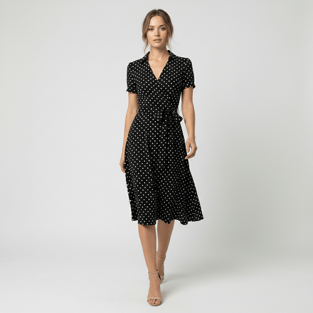 Ada V-Neck Midi Dress with Short Sleeves and Waist Tie