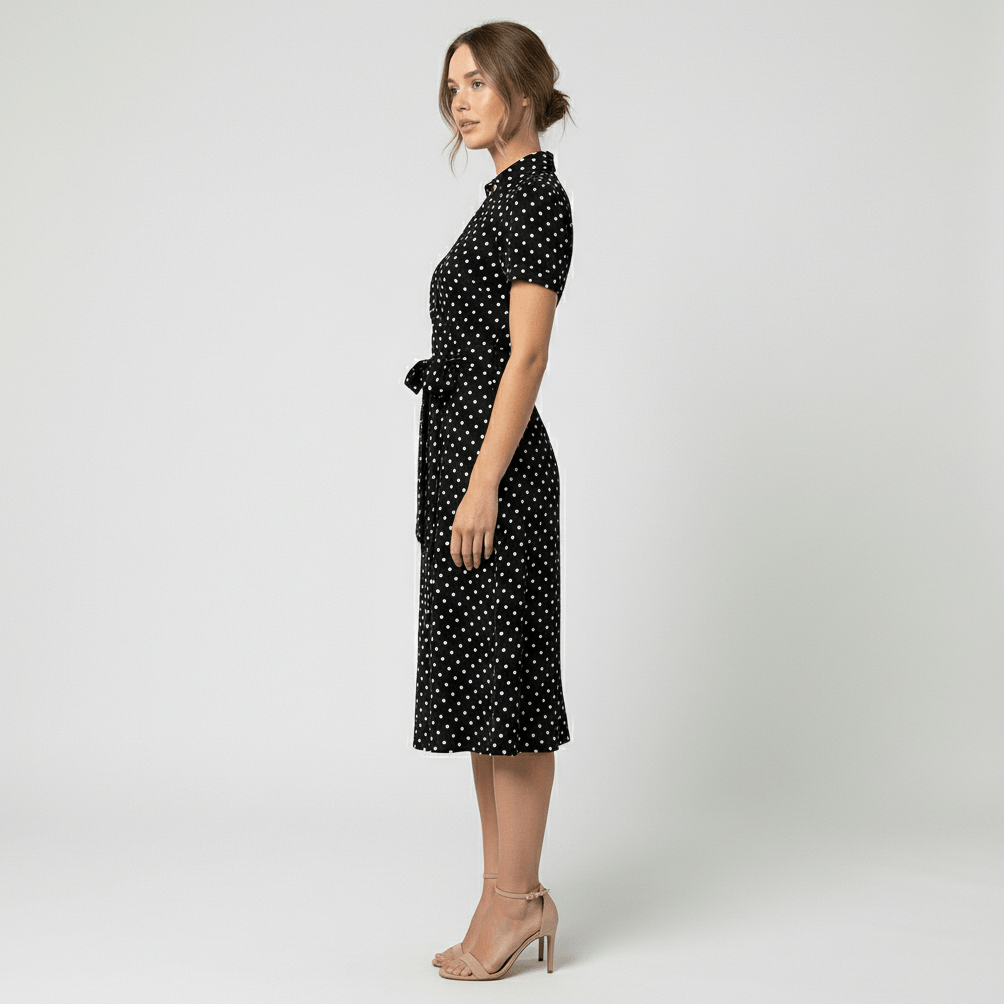 Ada V-Neck Midi Dress with Short Sleeves and Waist Tie