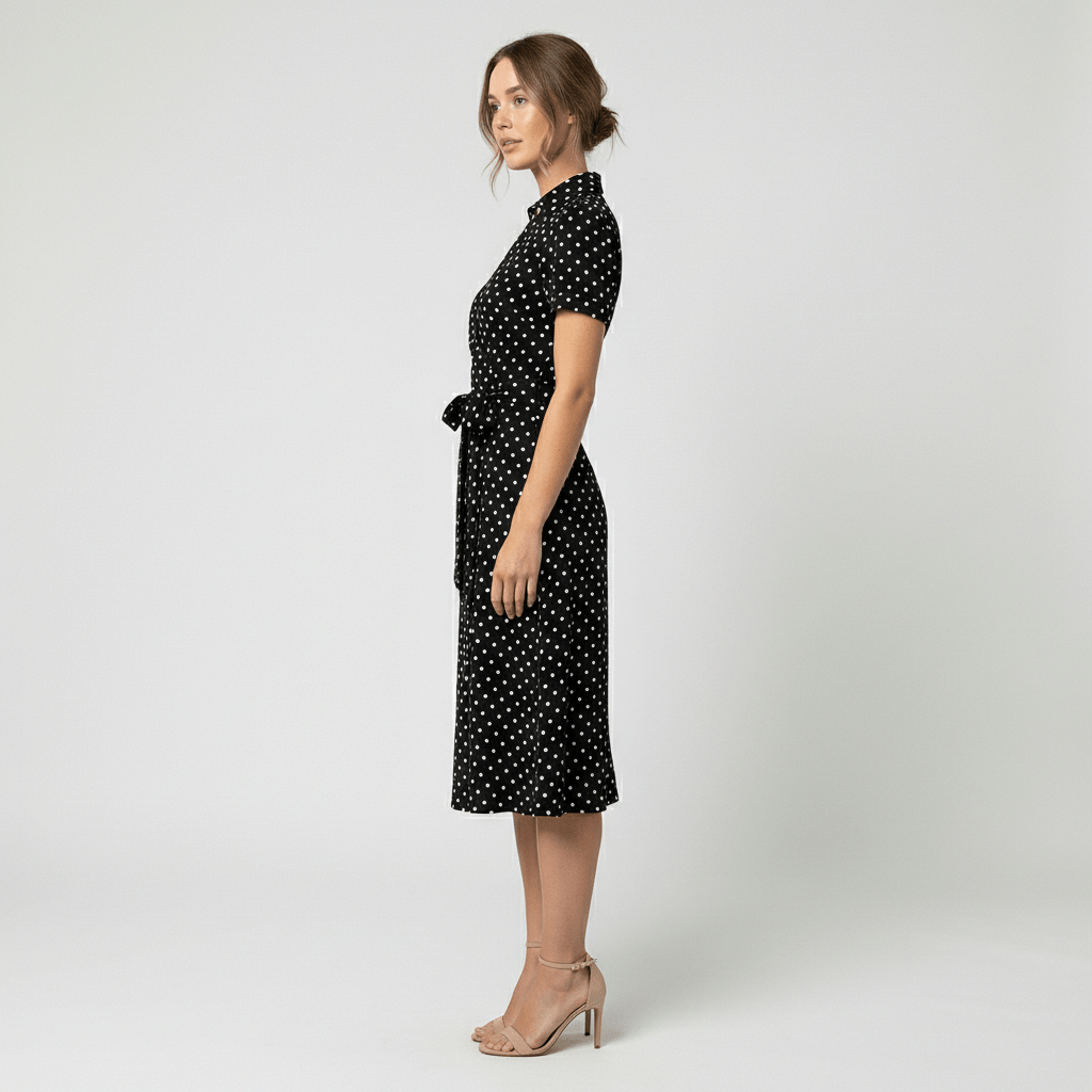 Ada V-Neck Midi Dress with Short Sleeves and Waist Tie