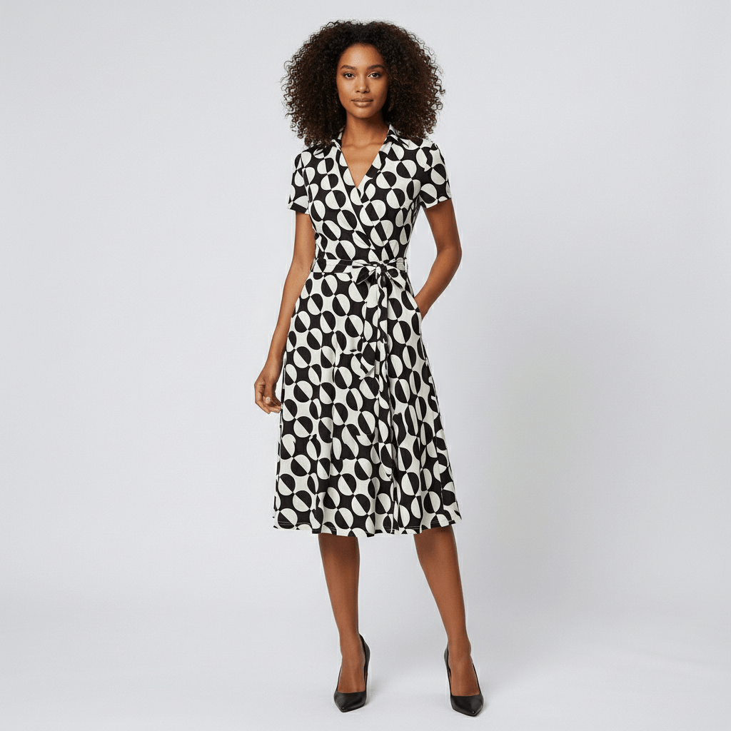 Ada V-Neck Midi Dress with Short Sleeves and Waist Tie - Geometric Multicolor