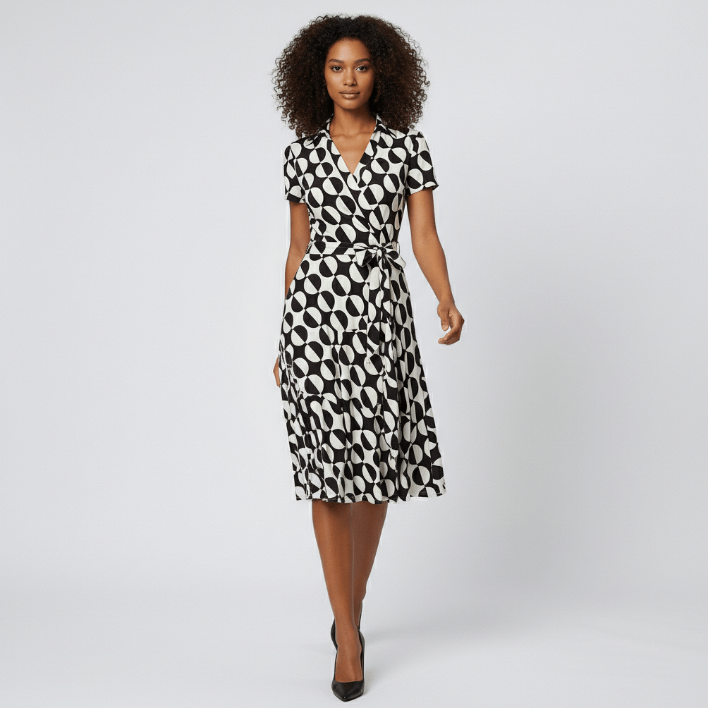 Ada V-Neck Midi Dress with Short Sleeves and Waist Tie