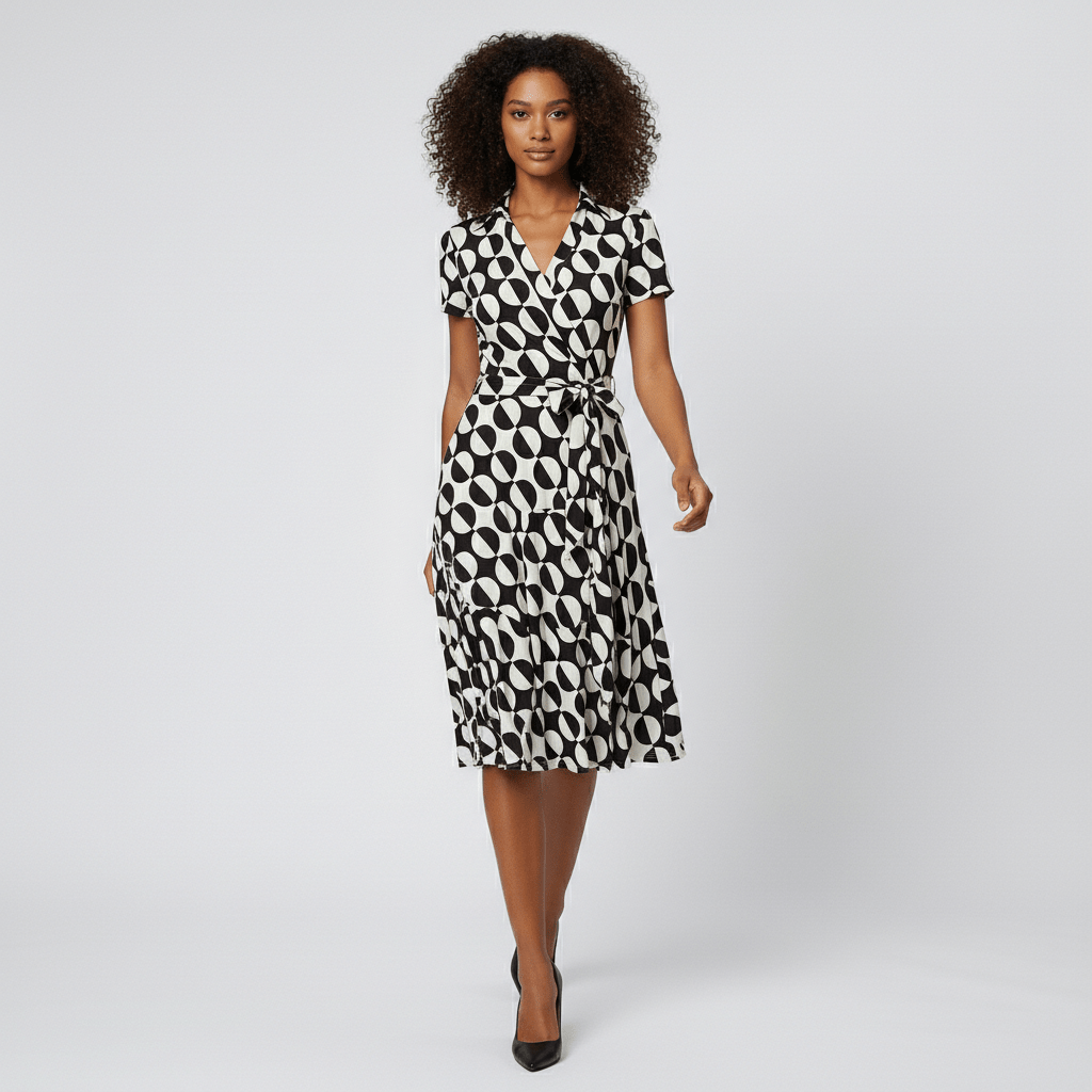 Ada V-Neck Midi Dress with Short Sleeves and Waist Tie
