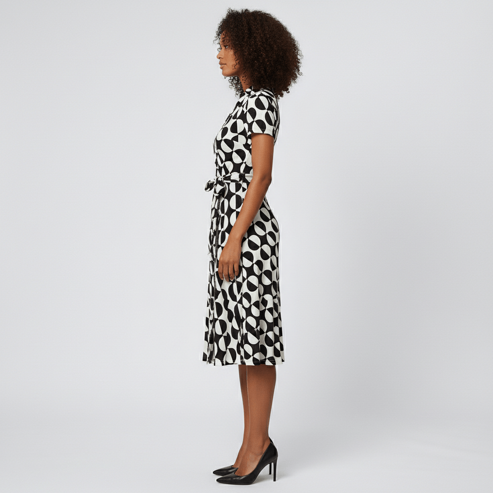 Ada V-Neck Midi Dress with Short Sleeves and Waist Tie