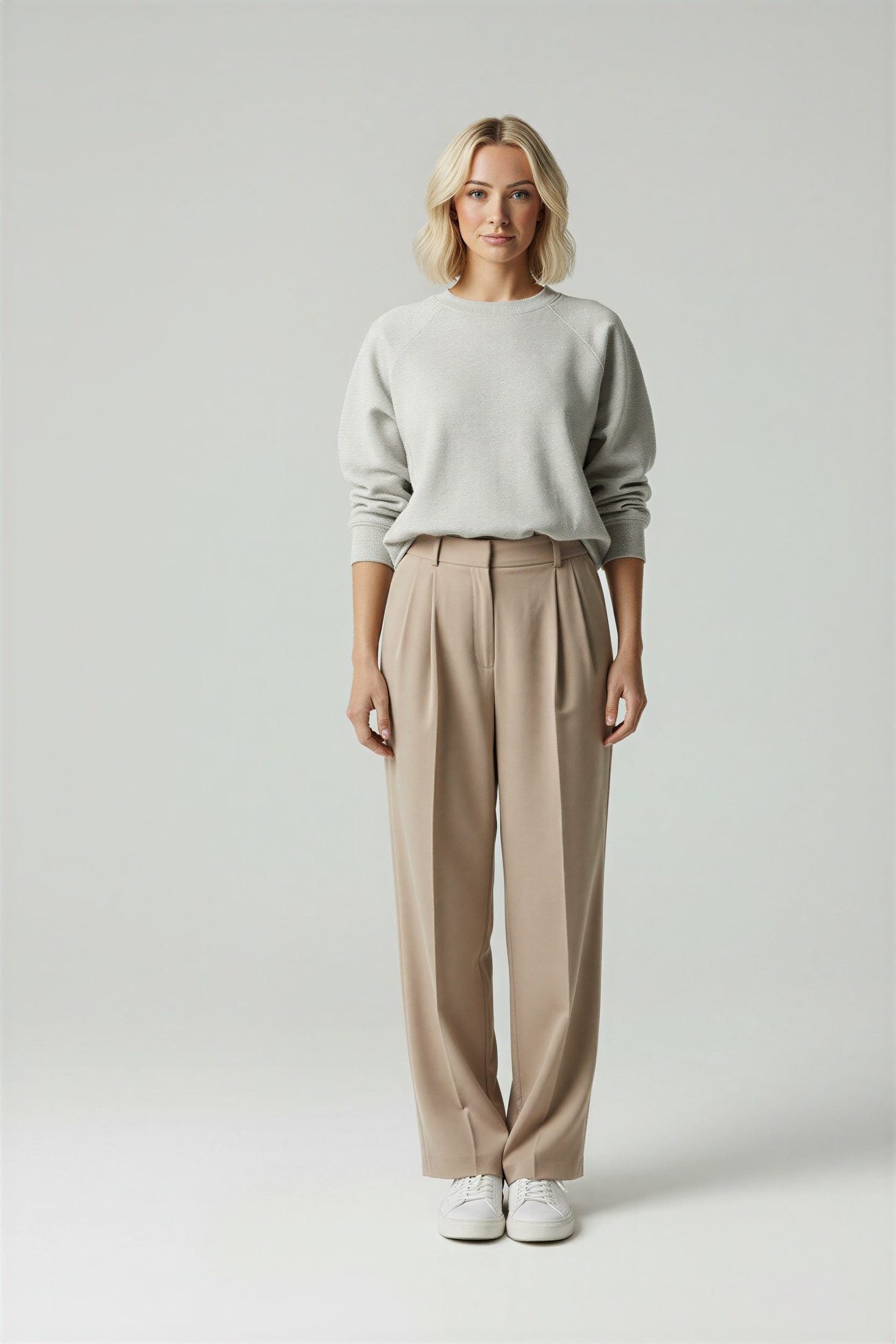 Adaline High-Waisted Wide Leg Trousers with Side Pockets - Classic Beige