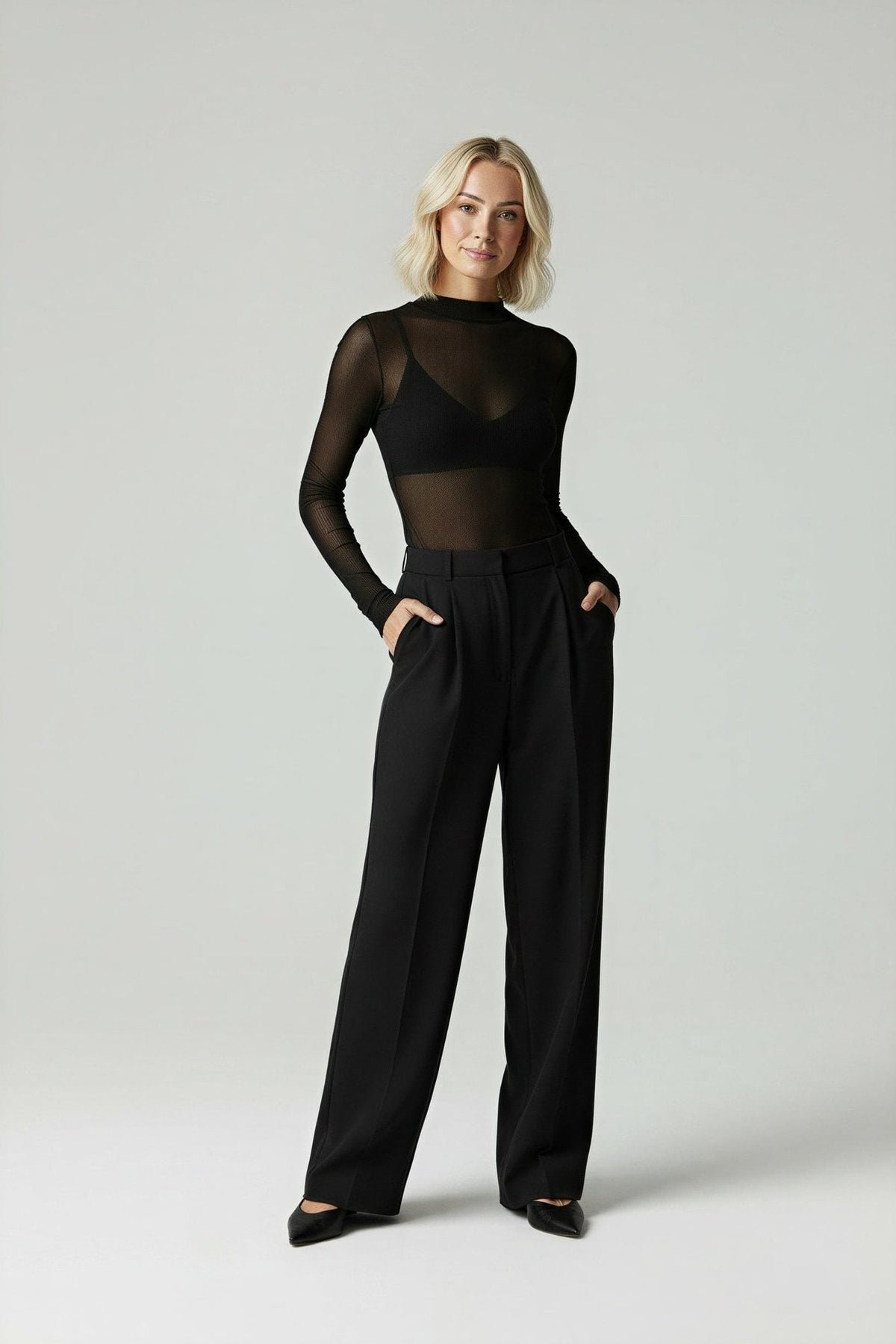 Adaline High-Waisted Wide Leg Trousers with Side Pockets - Midnight Black
