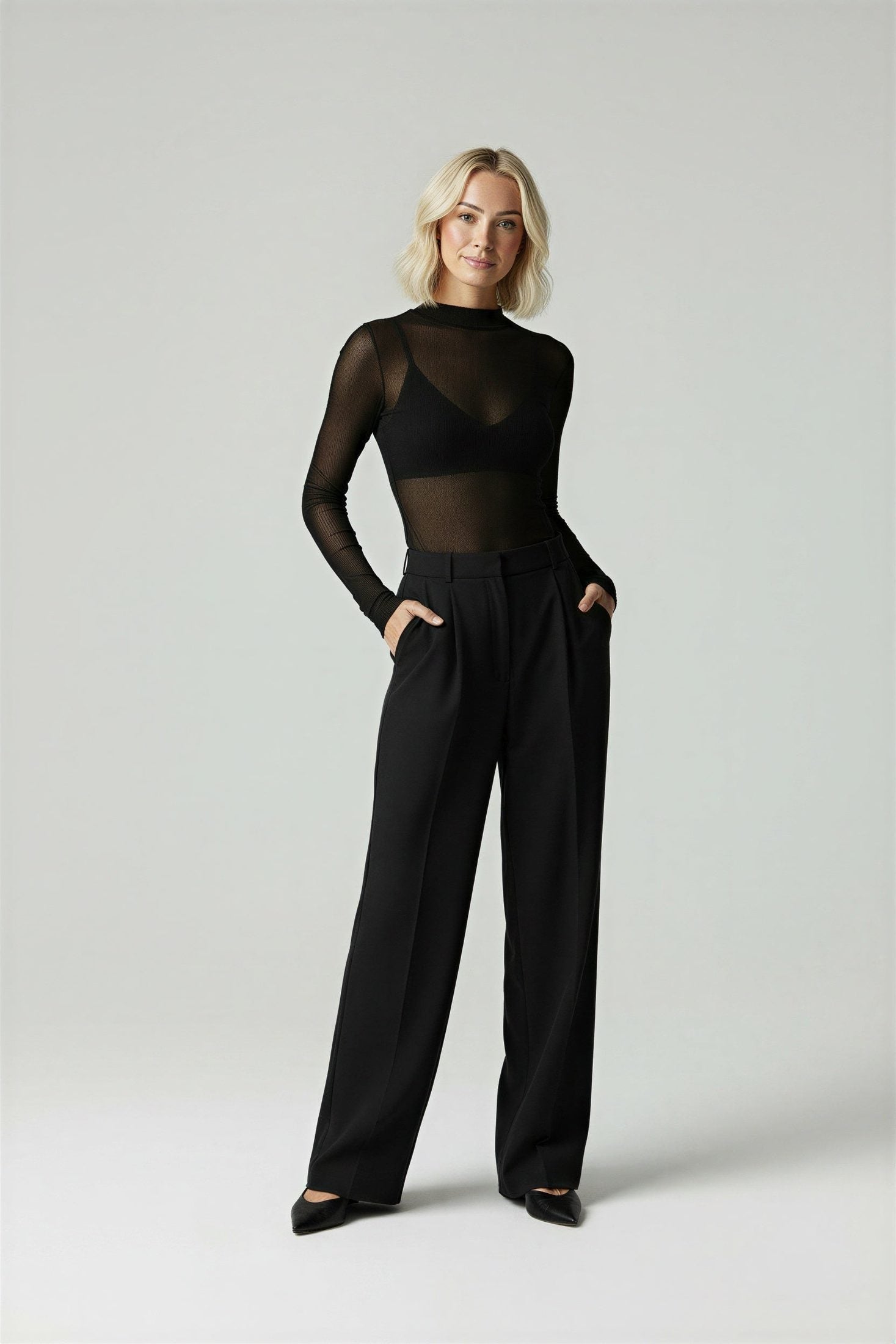 Adaline High-Waisted Wide Leg Trousers with Side Pockets - Midnight Black
