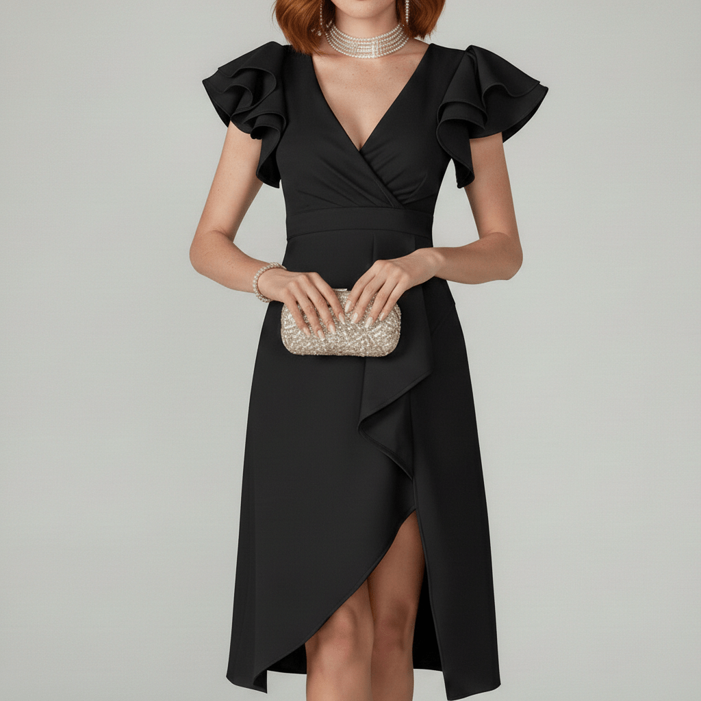 Alea Elegant Ruffle Wedding Guest Dress for Women - Classic Black