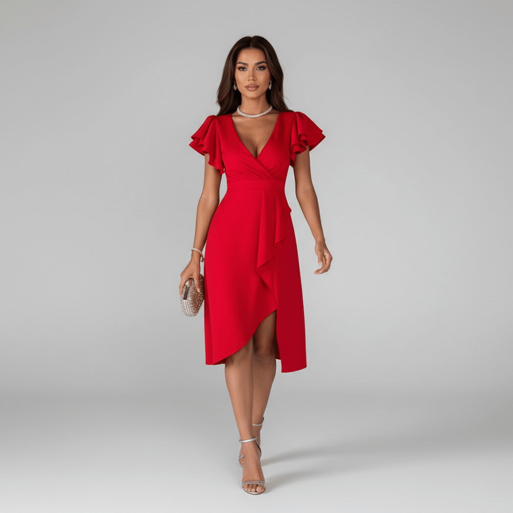 Alea Elegant Ruffle Wedding Guest Dress for Women - Vivid Red