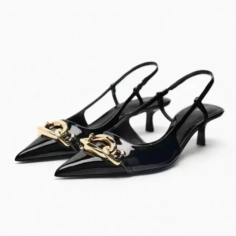 Alessia Chain Detail Slingback Kitten Heels with Pointed Toe - Jet Black