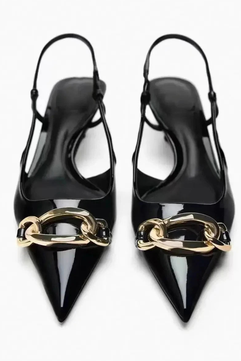 Alessia Chain Detail Slingback Kitten Heels with Pointed Toe